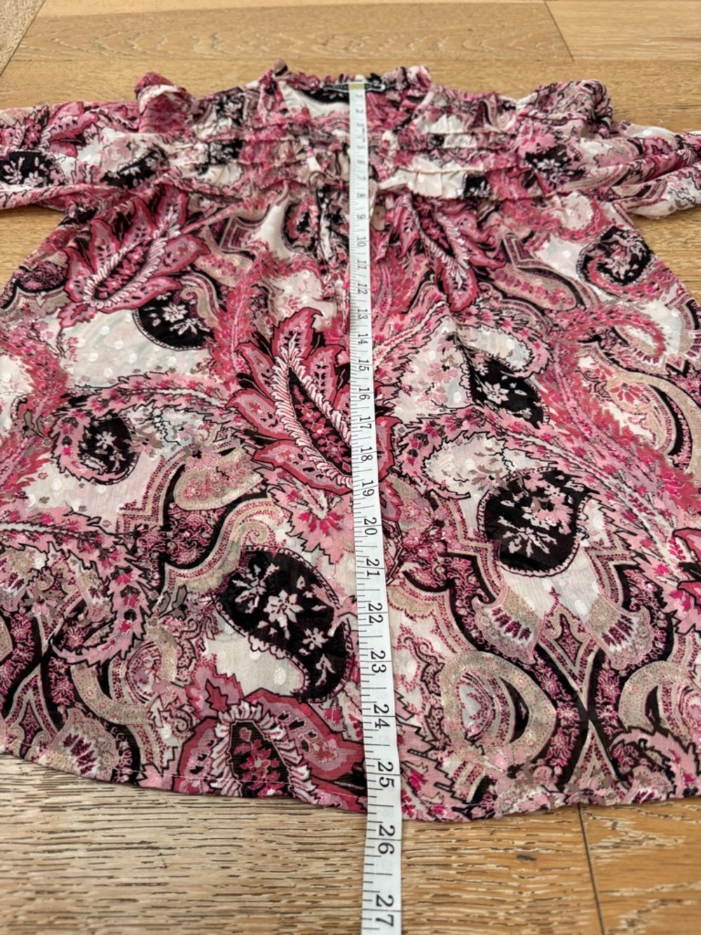 Pink Paisley Sheer Flowy Blouse Tie-Neck Long Sleeve Ruffle Trim Sz S - Picture 14 of 15